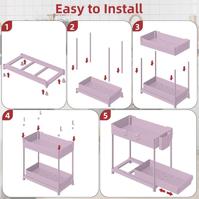 4-Pack 2-Tier Under Sink Organizer with Pull Out Drawers | Multi-use kitchen & bathroom storage. Includes hanging hooks and cups. Pink, space-saving cabinet design. 12.8 Inch - Image 7