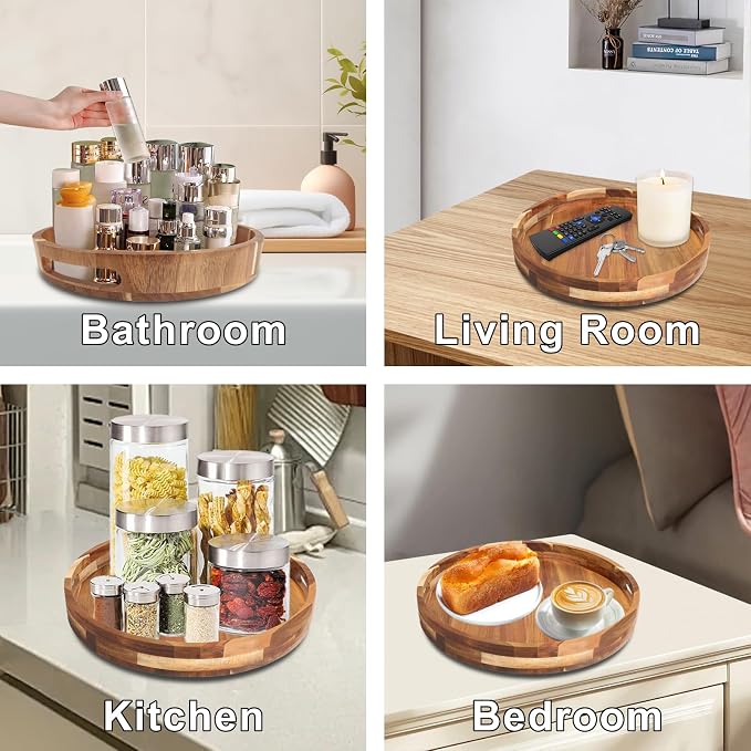 Acacia Wooden Lazy Susan for Table Top-12 Inch Wooden Lazy Susan Turntable with Double Handle-Large Acacia Wooden-Spice Organizer for Countertop, Table, Cabinet - Image 5