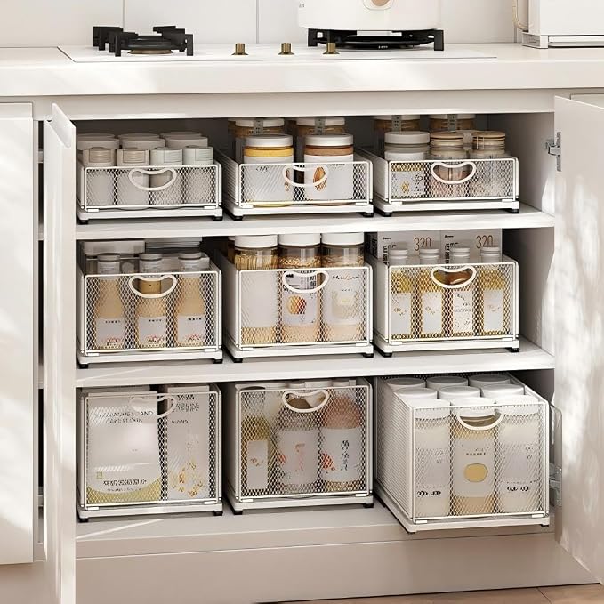 2 Pack Pull Out Cabinet Organizer, No Drill Adhesive Sliding Drawers for Kitchen, Metal Mesh Wire Storage Shelf for Pantry & Under Sink, White (9.6" W x 11.8" D x 8.4" H) - Image 9