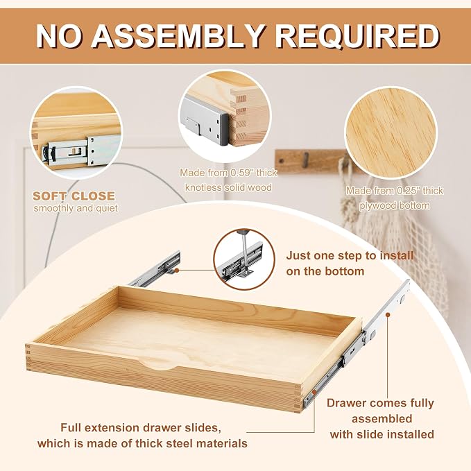 2 Set Wooden Pull out Cabinet Organizer Fully Assembled Slide out Pantry Drawer with Gentle Close Storage Shelf Tray for Base Kitchen Under Sink Bathroom Accessory(Wood Color,30'' X 21'' X 3") - Image 3