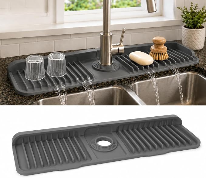 23" Extra Long Silicone Faucet Handle Drip Catcher Tray,7° Sloped Self Draining Mat with Snap-on Design & Soap Holder, Trim-to-Fit Opening,Sink Splash Guard for Kitchen & Bathroom(Dark Gray) by Unknown
