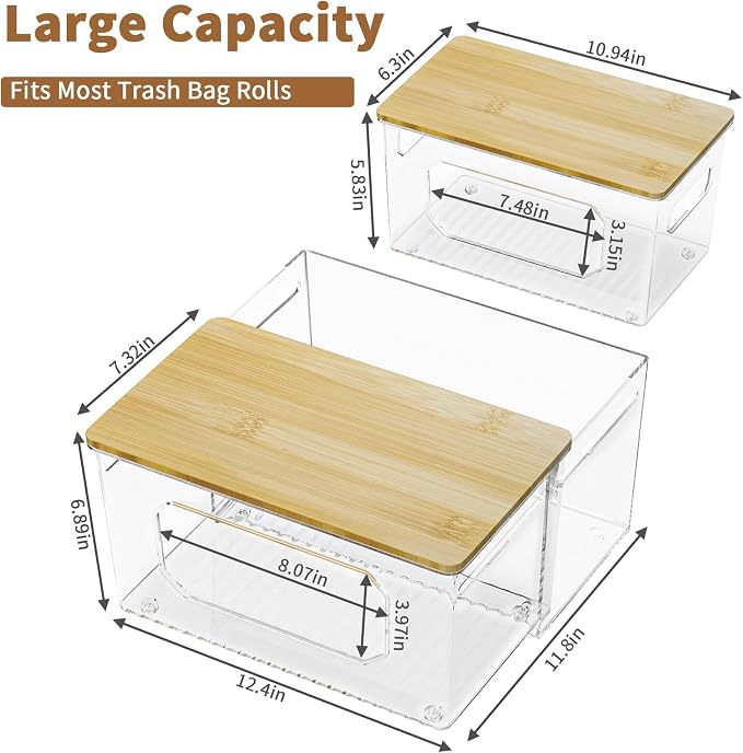 spospo Trash Bag Holder 3-in-1 Under Sink Organizer with Bamboo Lid | Acrylic Trash Bag Dispenser with Pull-Out Basket for Cleaning Supplies, Garbage Bag Holder for Kitchen Laundry Room Storage - Image 2