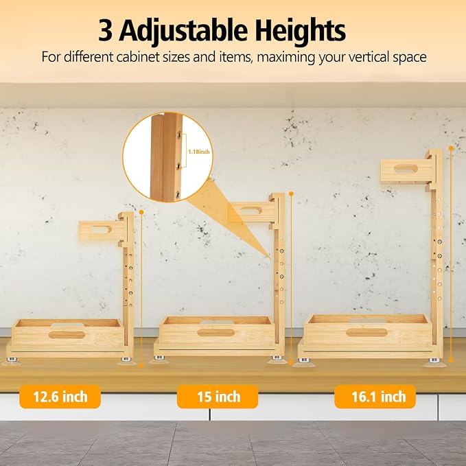 Banlilu Under Sink Organizer, Pull Out Cabinet Organizer, 2 Tier Slide Out Sink Shelf Cabinet Storage Shelves, Storage for Kitchen Bathroom, Natural Premium Bamboo Wood - Image 4