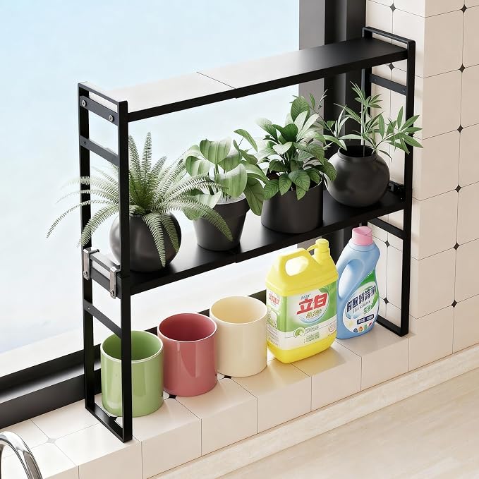 2 Tier Expandable Stackable Narrow Shelf Organizer, Black | Tall Countertop Organizer for Tight Spaces, Windowsill Plant Stand, Over-Sink/Faucet Shelf, Kitchen Counter Storage by Unknown