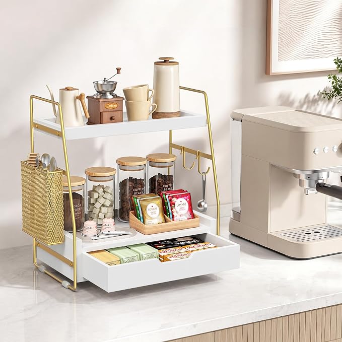 2-Tier Bathroom Counter Organizer with Drawer, Wood Counter Storage Shelf | Bathroom Vanity Organizer Countertop for Makeup, Skincare, Perfume, with Removable Basket, 13.4" x 7.9" x 14.5", White Gold - Image 3