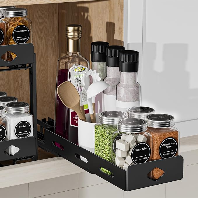 BOIVSHI 1 Tier Pull Out Spice Rack, 4.2" Wx10.5 Dx2.8 H | Narrow Spice Rack for Small Cabinet Spaces, Easy to Assemble Seasoning Rack for Cabinet, Kitchen, Pantry, Black by BOIVSHI