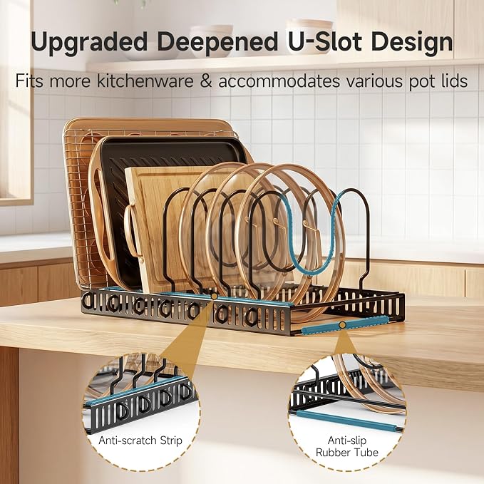 MUDEELA Pot Lid Organizer for Cabinet, Adjustable Baking Pan Rack 7 Slots | 7 Adjustable Divider, Tool-Free Assembly,Non-Slip, Scratch-Proof, Sturdy Metal Frame, For Pan Lid Cutting Board Bakeware - Image 3
