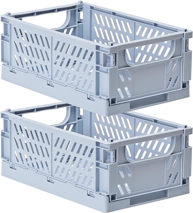 HUUSMOT 2-Pack Collapsible Plastic Storage Baskets, Blue, 9.8"x6.5"x3.8" | Pastel, Space-Saving, Collapsible Plastic Bins, Cute Mini Storage Crates, for Classroom, Kitchen, Office, Bedroom by HUUSMOT