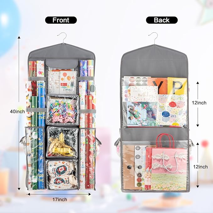 Christmas Wrapping Paper Organizer Storage, Hanging Gift Bag Storage Organizer, Double-Sided Wrapping Paper Holder Storage - Grey - Image 5