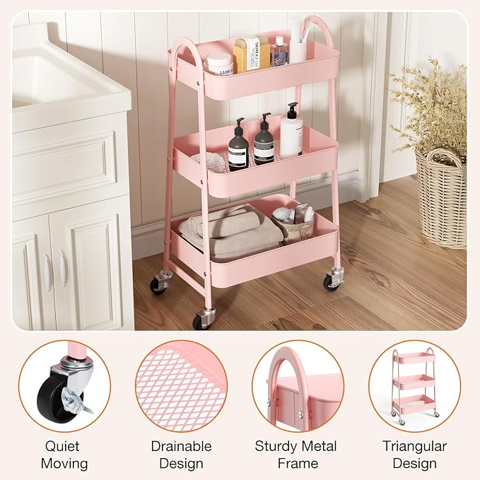 NEWBULIG 3-Shelf Metal Rolling Storage Utility Cart with Lockable Wheels | Mobile Organizer Shelf, Space-Saving, Freestanding, Bathroom, Living Room, Slim, Narrow Corner Spaces, Pink - Image 2
