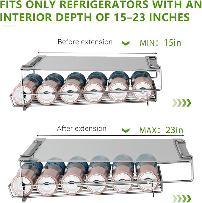Hanging Soda Can Organizer for Refrigerator, 10-Can Fridge Dispenser | Stainless Steel Double Row Hanging Drink Fridge Organizer, Soda Can Storage Rack, Fits 15-23 in Refrigerator Inner Depth - Image 2