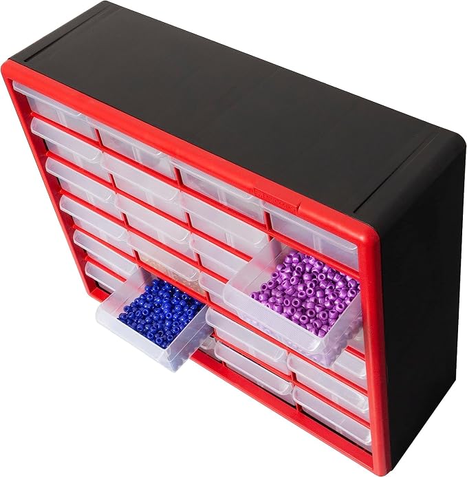 Akro-Mils 24-Drawer Plastic Storage Cabinet, 20"W x 6"D x 16"H, Red | Plastic Cabinet w/ Drawers for Garage Organization, Beads, Building Bricks Storage, Teacher Toolbox, Makeup Organizer, 10124 - Image 8