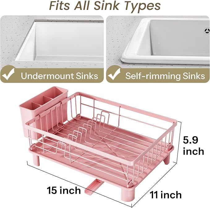 SNTD Dish Drying Rack for Small Kitchen Counter, 11" W x 15" L, Pink | Space Saving, Rotating Spout & Angled Drainboard for Quick Drainage, Stainless Steel, Removable Utensil Holder - Image 2