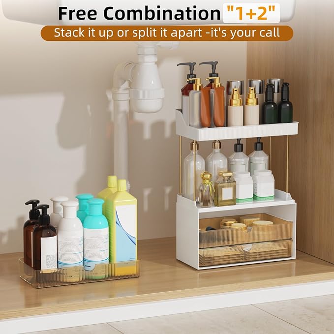 StorBin Arcylic 5-Tier Makeup & Skincare Organizer for Vanity, Bath | Smooth 3 drawers, clear body, gold frame, non-slip, for perfumes, serums, face masks, palettes, vanity & bath counter,Amber - Image 5
