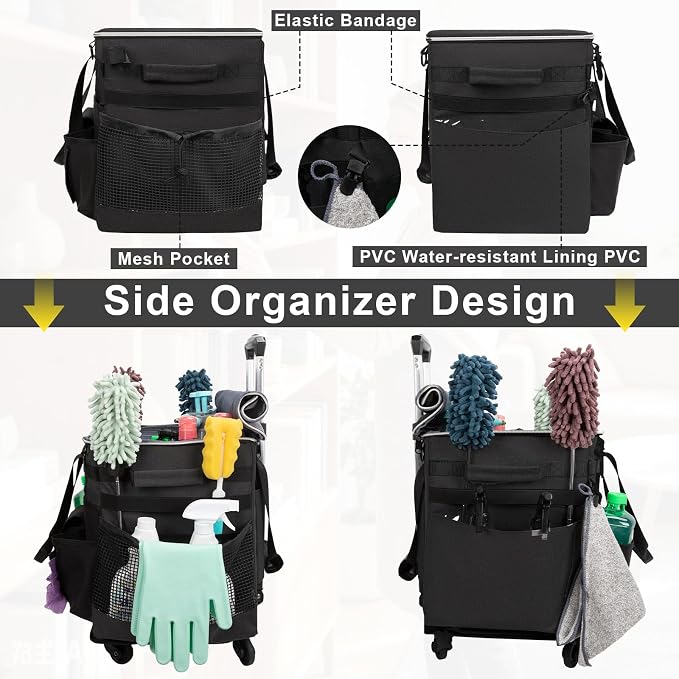 Large Rolling Cleaning Caddy with Wheels, Cleaning Supplies Organizer | With Detachable Trolley, Water-resistant Cleaner Cart for Housekeepers, Multi Pocket Cleaning Cart with Strap, Black - Image 7