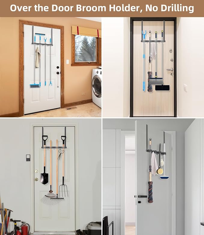 Broom Holder Over The Door with Hooks -304 Stainless Steel (Space grey) | Save Space, Anti-Rust & Sturdy, Mop and Broom Holder Wall Mounted or Hanging Over The Door, for Garage Laundry Kitchen - Image 6