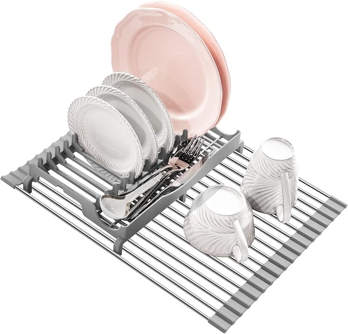 Roll Up Dish Drying Rack,17.1”x13.1”,Build-in Plate Rack | 304 Stainless Steel,Space-Saving,Easy to Clean,Portability and Stability,Heat Resistant,Trivet for Kitchen Countertop by EMIERAI