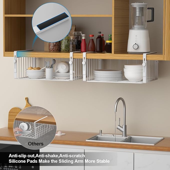 AmonHouseware 2Pack Under Shelf Storage Basket Organizer, White | Adjustable Hanging,Under Cabinet Add-on, Slide-in Baskets, for Laundry Room Kitchen Pantry Desk Bookshelf Counter Cupboard - Image 5