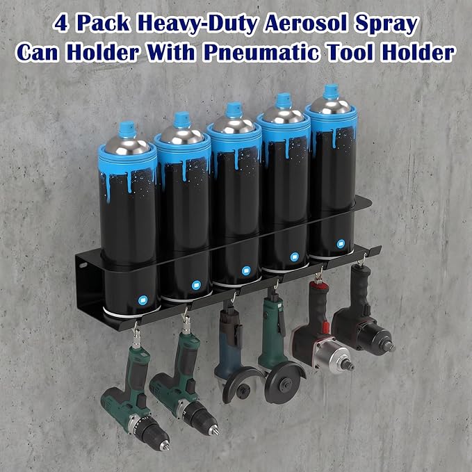 4 Pack Heavy-Duty Aerosol Spray Can Holder with Pneumatic Tool Holder – Wall-Mounted Garage Organizer, Holds 20 Cans & 24 Air Tools, Metal, Black - Image 6