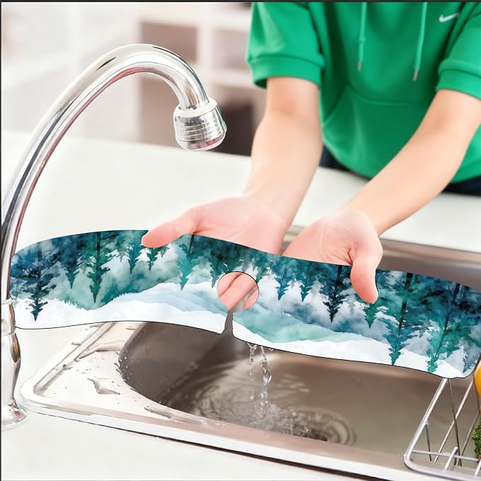 2 Pcs Kitchen Sink Splash Guard Faucet Mat Watercolor Forest Pattern Faucet Mat for Sinks Absorbing Drying Mat for Kitchen Bathroom, 23.6x5.5inch - Image 6