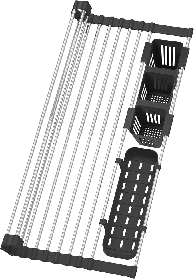 Black Expandable Roll Up Dish Drying Rack Up to 22.8''with 2 Storage Baskets,Over The Sink Kitchen Rolling up Dish Drainer Drying Rack , Foldable,Rollable,for Kitchen Dishes(Expandable Width Size) by BBXTYLY