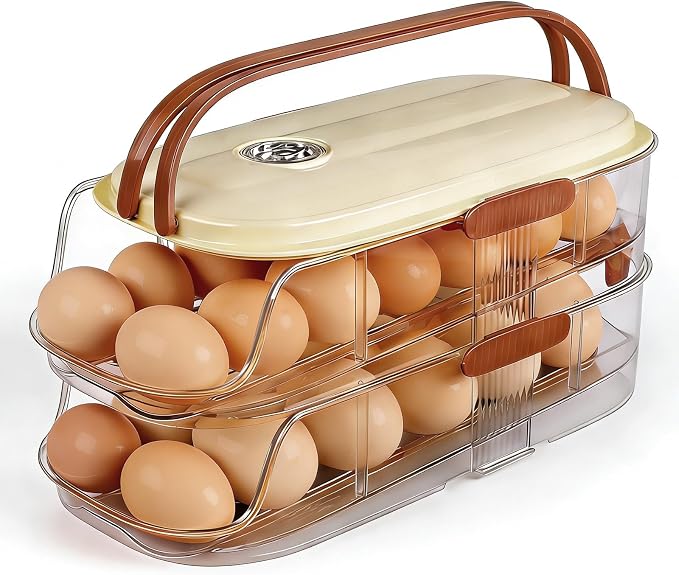 Egg Holder For Fridge, Egg Container for Refrigerator,Double Column | With Lid And Handle, BPA-Free Detachable Tray, Timer Tracker, Automatic Rolling for Kitchen, Outdoor by Unknown