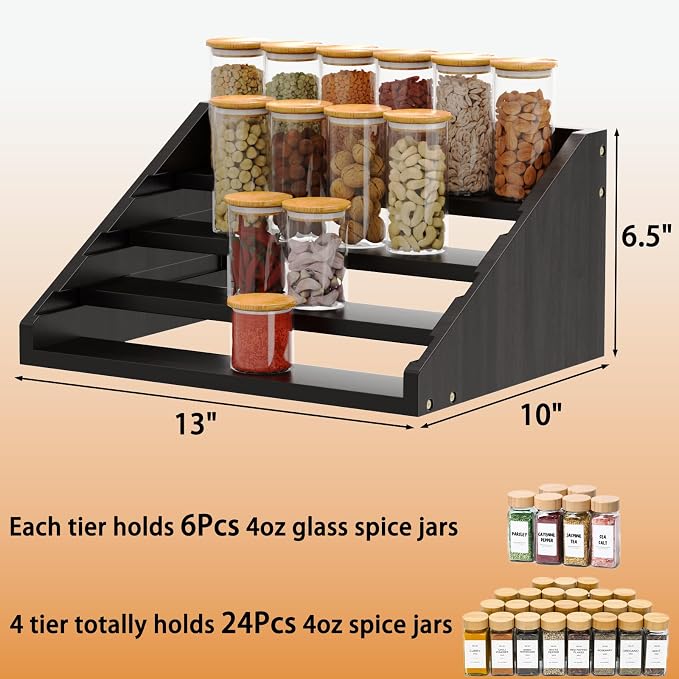 Solid Wood Spice Rack Organizer for Countertop & Cabinet, 4 Tier Adjustable Wooden Spice Shelf with Sliding Track, Premium Step Seasoning Bottle Holder for Kitchen, Cupboard, Pantry & Office, Black - Image 7