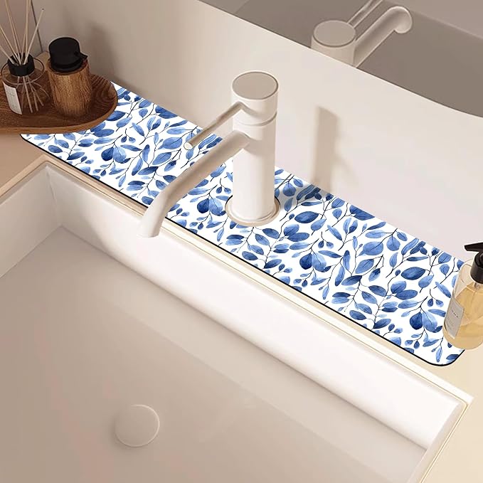 Watercolor Blue Leaves Sink Faucet Absorbing Mat Sink Splash Guard Faucet Mat Draining Mat Fast Drying Sink Protectors for Kitchen and Bathroom 5.5"×24" - Image 2