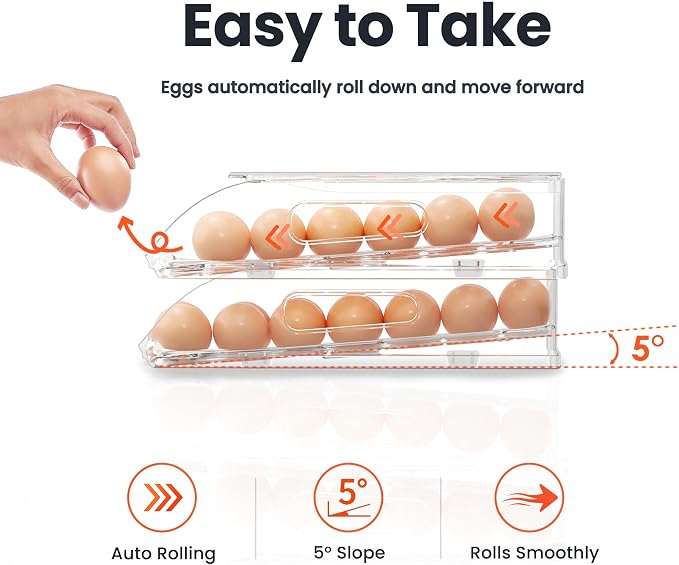 SMRCAD 18-Egg Dispenser with Silicone Bumpers, Auto-Rolling, Stackable | BPA-free food-grade PET | Stackable with lid | Built-in handle | 11.92"L x 8.85"W x 2.9"H | Hand wash only - Image 2