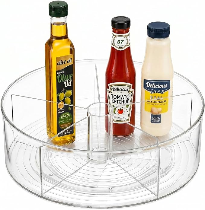 Divided Lazy Susan Turntable Organizer, 11.5" Clear Round Lazy Susan | Rotating Turntable Organizer, Plastic Lazy Susan Turntable, Rotating Storage Container Tray for Pantry, Fridge and Kitchen by SlowSLog