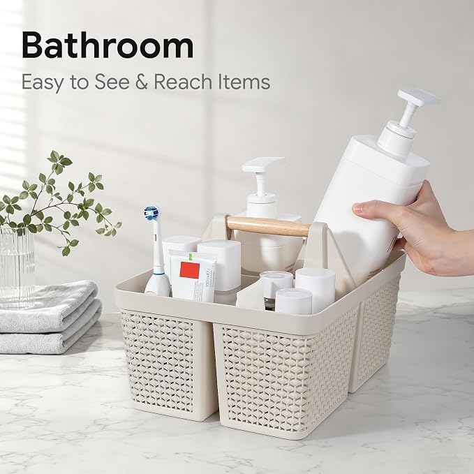 UUJOLY Portable Plastic Shower Caddy Basket with Wooden Handle, Beige | Divided Storage Organizer Tote for Bathroom, Dorm, College, Kitchen & RV – Lightweight, Easy-Carry Essentials Caddy - Image 4