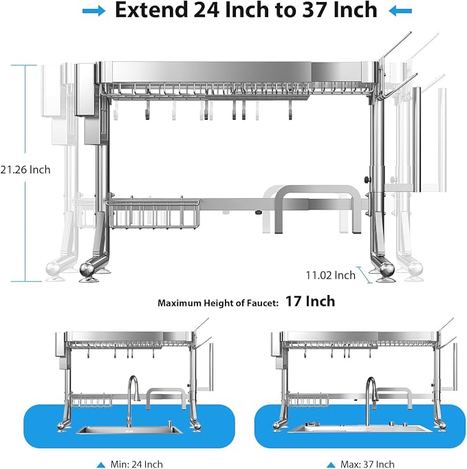 Over The Sink Dish Drainer Drying Rack 2 Tier Adjustable Width | 304 Stainless Steel Large Expandable Storage Kitchen Counter Organizer (Silver, 20.87'' to 37.6'') - Image 2