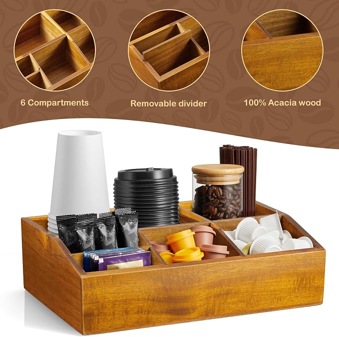 Acacia Wood Coffee Station Organizer for Countertop, Coffee Bar Accessories and Organizer, Pod Holder Storage Basket for K Cup Sugar Tea Bag - Image 4