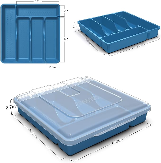    , Plastic Silverware Tray for Drawer, 5 Compartments Utensil Holder for Countertop, Navy Blue - Image 4