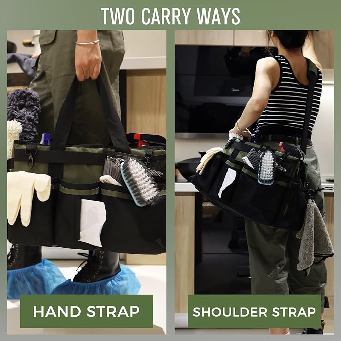 SCAVATA Wearable Cleaning Caddy Organizer with Handle & Shoulder Straps for Housekeepers, Under Sink & Car Cleaning Tool Organizer Bag with 4 Foldable Dividers (Green) - Image 6