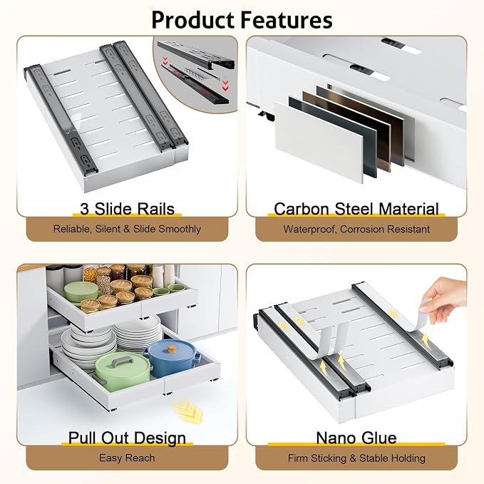 2 Pack Pull Out Cabinet Organizer, Expandable Width (11.4"-18.9") Depth (16.3"-21.7") Pull out Drawers for Cabinets with 3 Rails, No Drill Adhesive Film or Nail Slide out Drawers for Kitchen, Pantry - Image 5