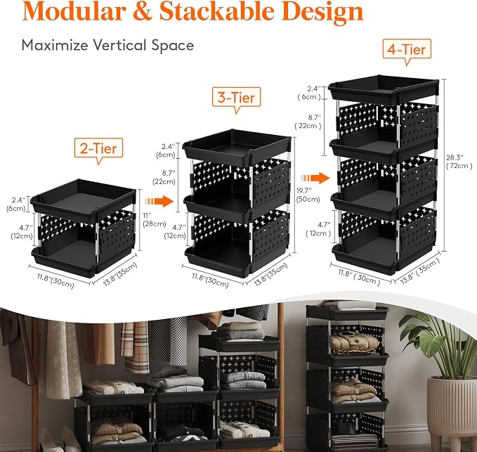 Lifewit 4 Tier Plastic Stackable Storage Baskets for Clothes 2 Pack, Black | Stacking Bins for Food, Multifunctional Organizer for RV, Kitchen, Playroom, Pantry and Bathroom - Image 4