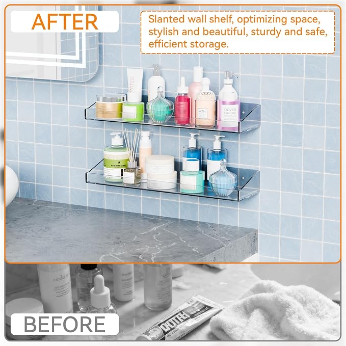 2 Pack Clear Shower Shelves for Tile Walls,Adhesive Acrylic Bathroom Shelves Organizer and Storage,No Drill Acrylic Shower Wall Caddy & Shelf,Floating Shelves for Makeup,Perfume,Shampoo Holder - Image 5