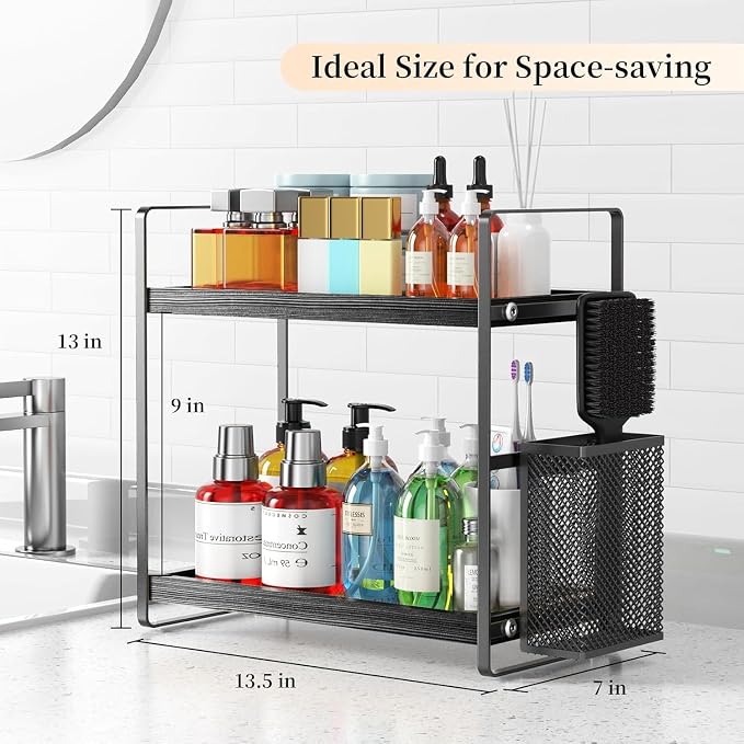 Bathroom Organizer Countertop, Counter Organizer for Bathroom Decor, Wooden Sink Shelf for Vanity Storage, Makeup Tray for Perfume Skincare Bedroom Kitchen Corner (Black) - Image 3