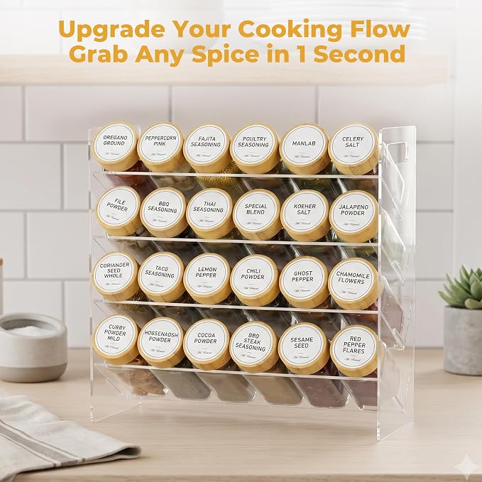 4-Tier Acrylic Spice Rack Organizer with 24 Glass Spice Jars and Wooden Lids, Clear Spice Shelf for Cabinet, Countertop, Pantry, Easy Assembly Seasoning Holder, Compact 11.6" W x 11.4" H - Image 6
