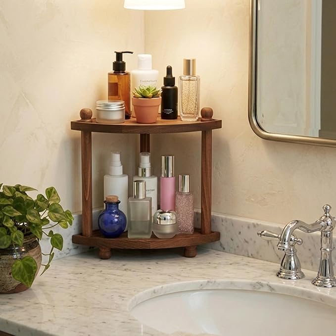Corner Bathroom Counter Organizer, 2-Tier Bathroom Organizers and Storage, Wooden Vanity Perfume Organizer Makeup Countertop Shelf for Kitchen Dresser - Image 2