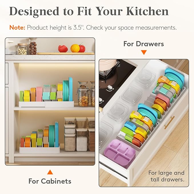 Lifewit Kitchen Cabinet Organizer for Food Contanier Lid with 7 Sections | Lid Holder with 6 Adjustable Dividers for Pantry Organizers and Storage, Home Drawer Organization, White, Large, 13" x 10" - Image 4