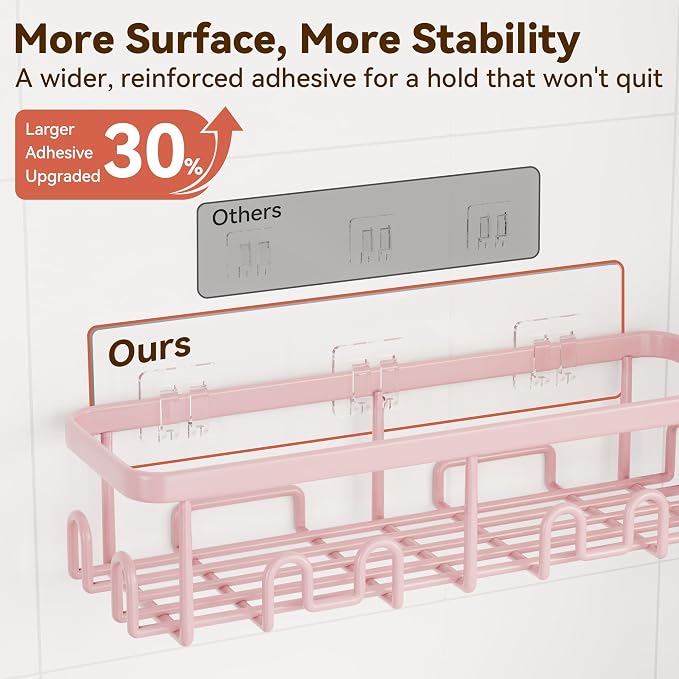 Shower Caddy Adhesive, Rustproof Shower Organizer, Wall Shower Rack | Large Capacity Shower Shelves for Inside Shower, Shampoo Shower Holder, Pink, 3 Caddies, 1 Soap Dish, 1 Toothbrush Holder - Image 6
