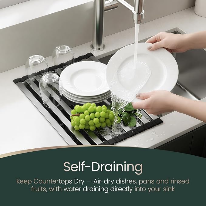 Meowoo Rectangle Dish Drying Rack, 15.7" x 13" Roll Up Over The Sink Dish Drainer Rack, Non-Slip Silicone Base, Stainless Steel Drying Rack for RV & Small Kitchen Sink, Black - Image 4