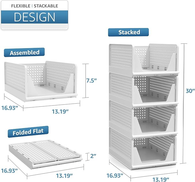 Sorbus 4 Pack Medium Shelf Organizer with Open Front Design Under Shelf for Closet Bathroom Kitchen Garage Plastic Stackable Storage Baskets - Image 6
