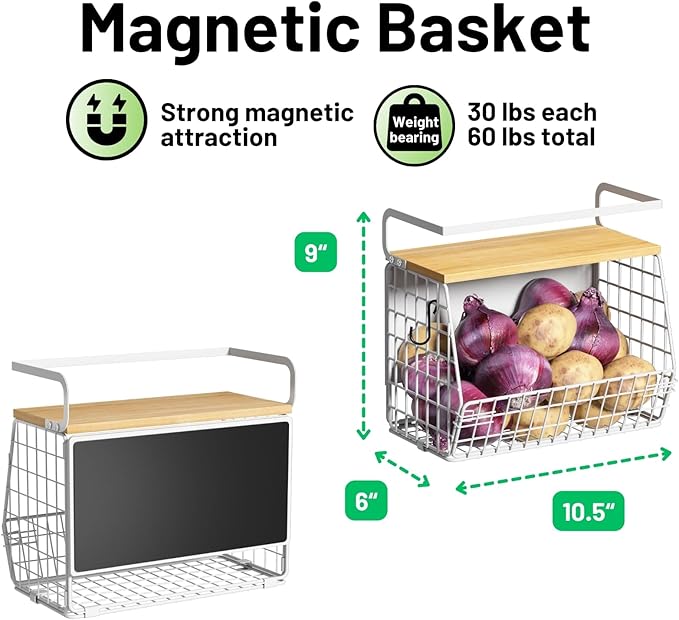 Magnetic Shelf for Fridge with Wood Lid, Fruit Potato and Onion Storage Bins, Pantry Organizers & Storage, Large Container Magnetic Spice Rack for Refrigerator, Kitchen Counter (White, 2) - Image 5