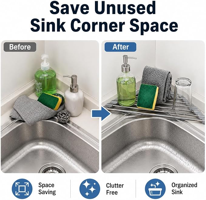 Triangle Roll Up Dish Drying Rack Over Sink, Silicone Wrapped Anti Slip Sink Organizer, Rust Proof Corner Dish Rack, Foldable Heat Resistant Kitchen Sink Organizer for Small Kitchens - Image 2