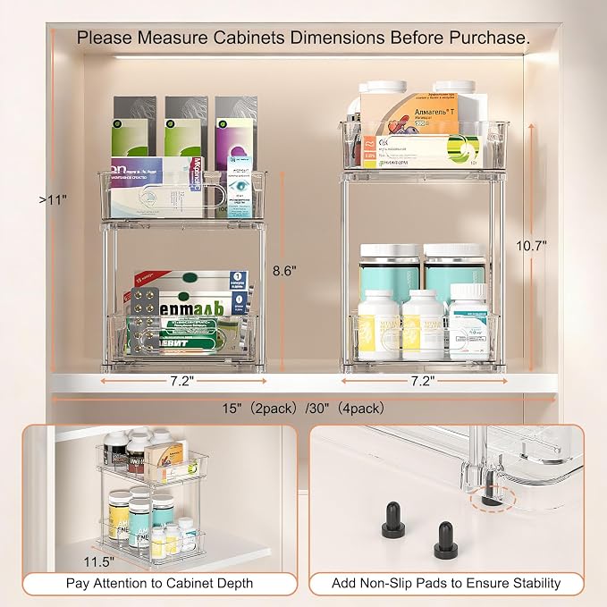 Delamu 2 Tier Under Sink Organizer Bathroom, Bathroom Cabinet Organizer with Snap-Lock Design and Hooks, Pull Out Storage with Movable Dividers, for Countertop, Kitchen and Pantry (Clear, 2 Pack) - Image 4