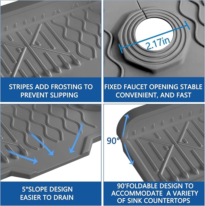 Sink Splash Guard Gen2-17" x 6'' Kitchen Sink Accessories,Silicone Sink Mat Splash Guard,fit for Countertop, Bathroom,Farmhouse,RV by EBIGIC (Grey) - Image 3