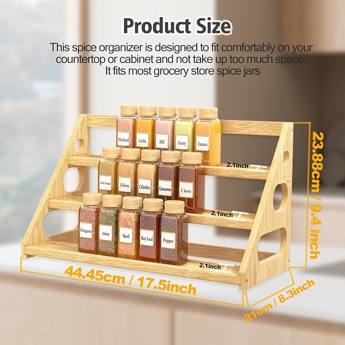 Premium Spice Rack - 3 Tier Bamboo Spice Rack Organizer - Spice Organization for Kitchen Cabinet/Countertop - Image 5